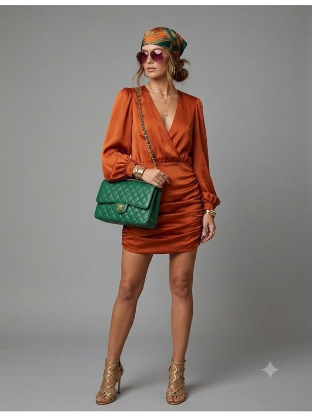 NWT Ramy Brook Foxy Mini Dress Women's 6 Cinnamon Satin Long Sleeve Side Ruched - Picture 3 of 16